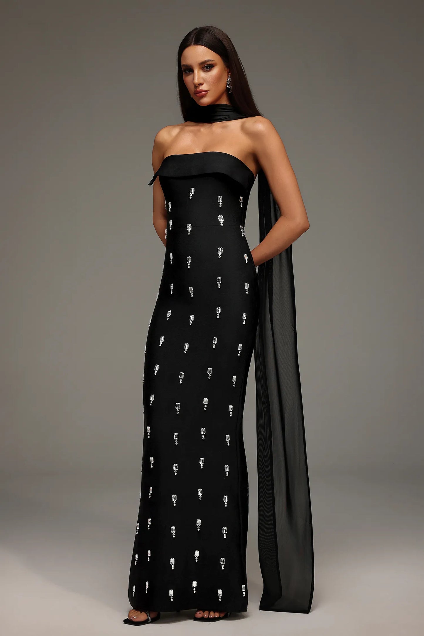Vintage Elegant Black Strapless Sleeveless Crystal Dress