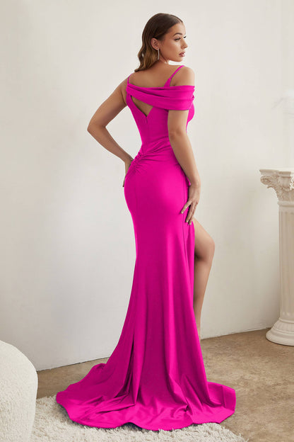 ASYMMETRICAL SHOULDER STRETCH SATIN FITTED GOWN