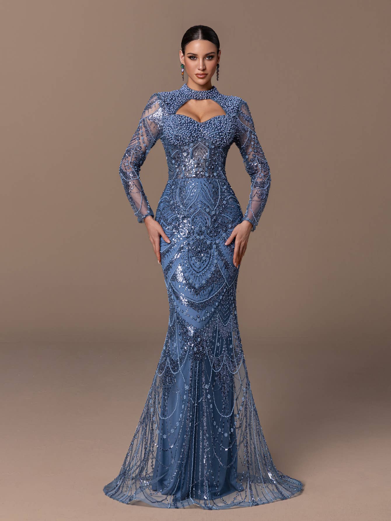 Blue Long Sleeved High Neck Beaded Dress