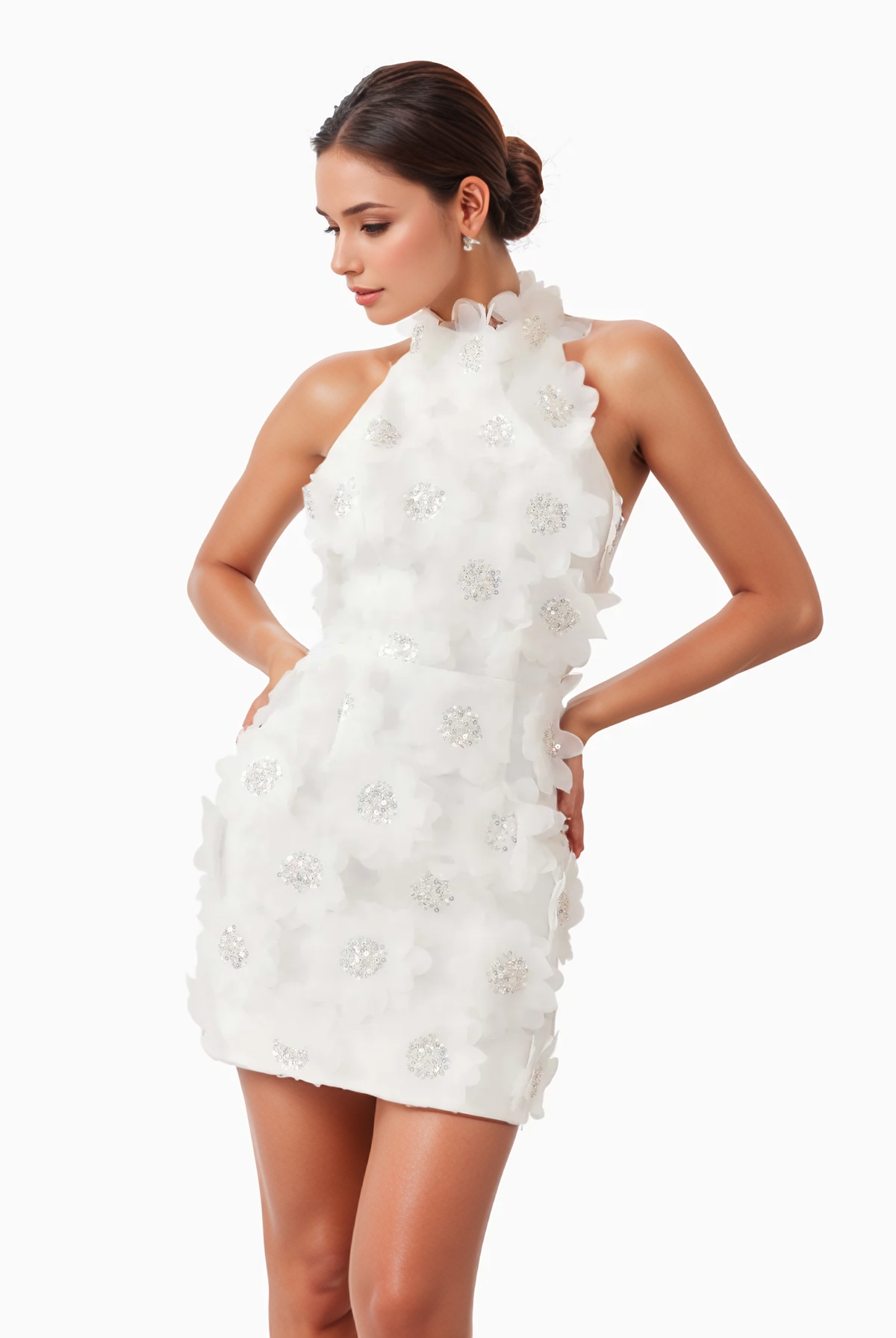Halter Neck Sequin 3D Floral Backless Mini Dress