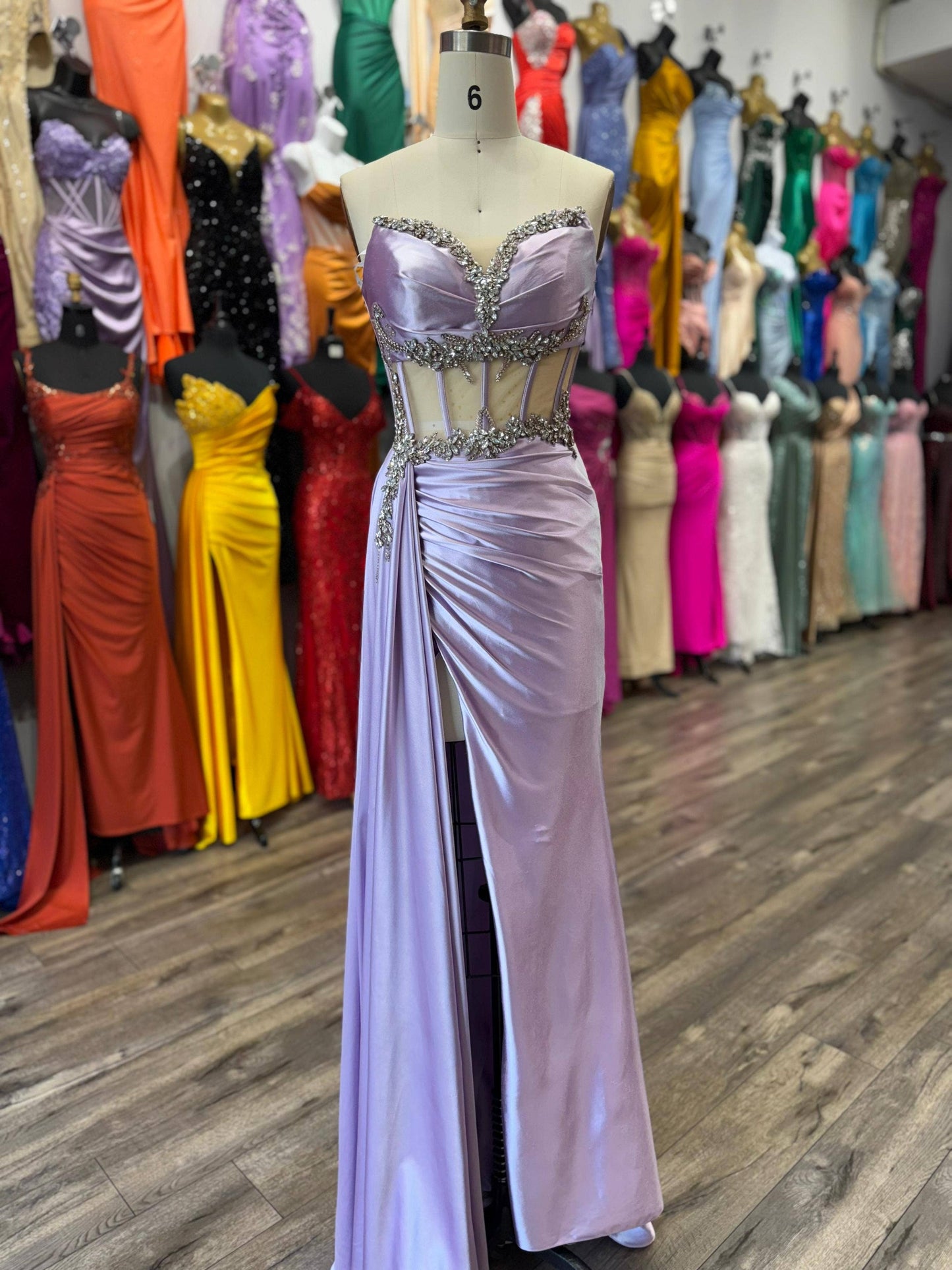 FOR FITTED BEADED HIGH SLIT SATIN DRESS