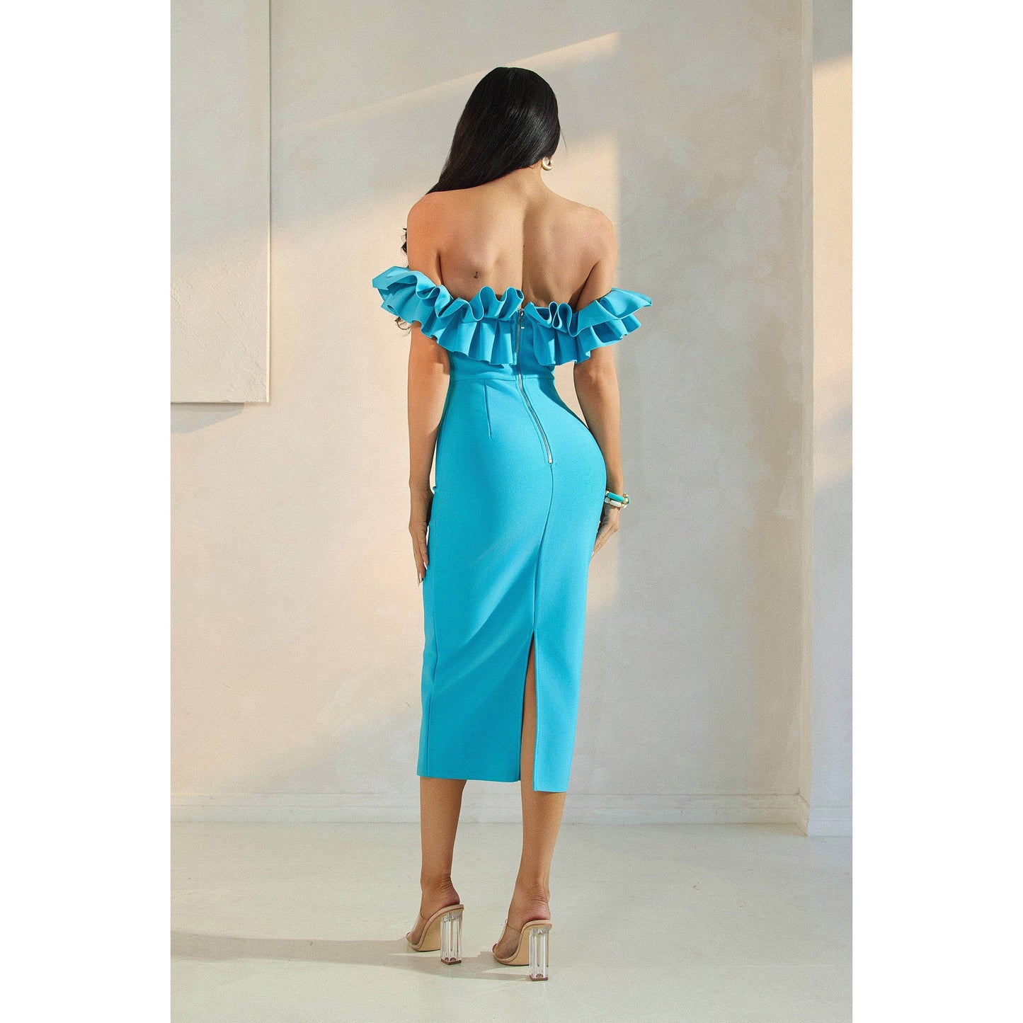 PLEATED RUFFLE OFF SHOULDER BANDAGE MIDI DRESS