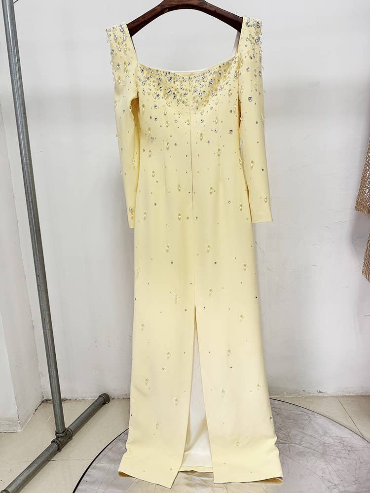 Square Neck Yellow Gown with Hand-Beaded Diamonds