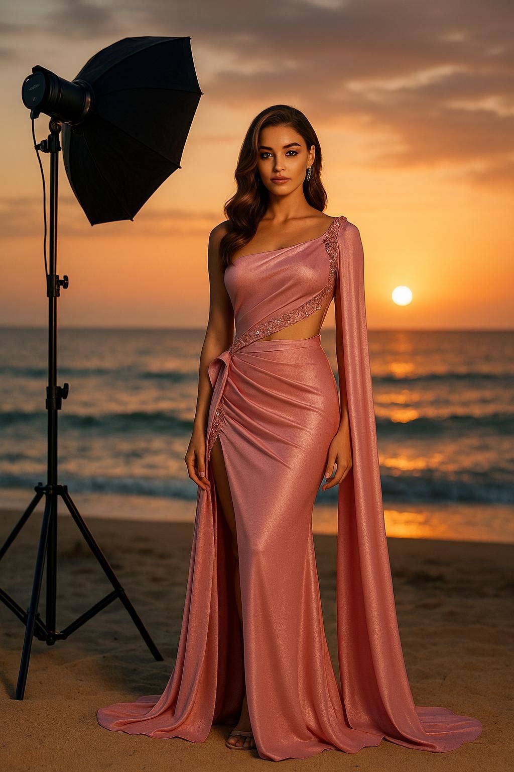 One shoulder draped Sleeve high slit evening dress