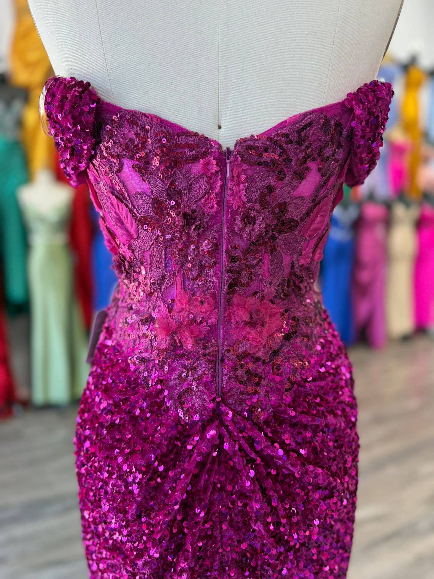 Off Shoulder sweetheart neckline, rhinestone embellished bus