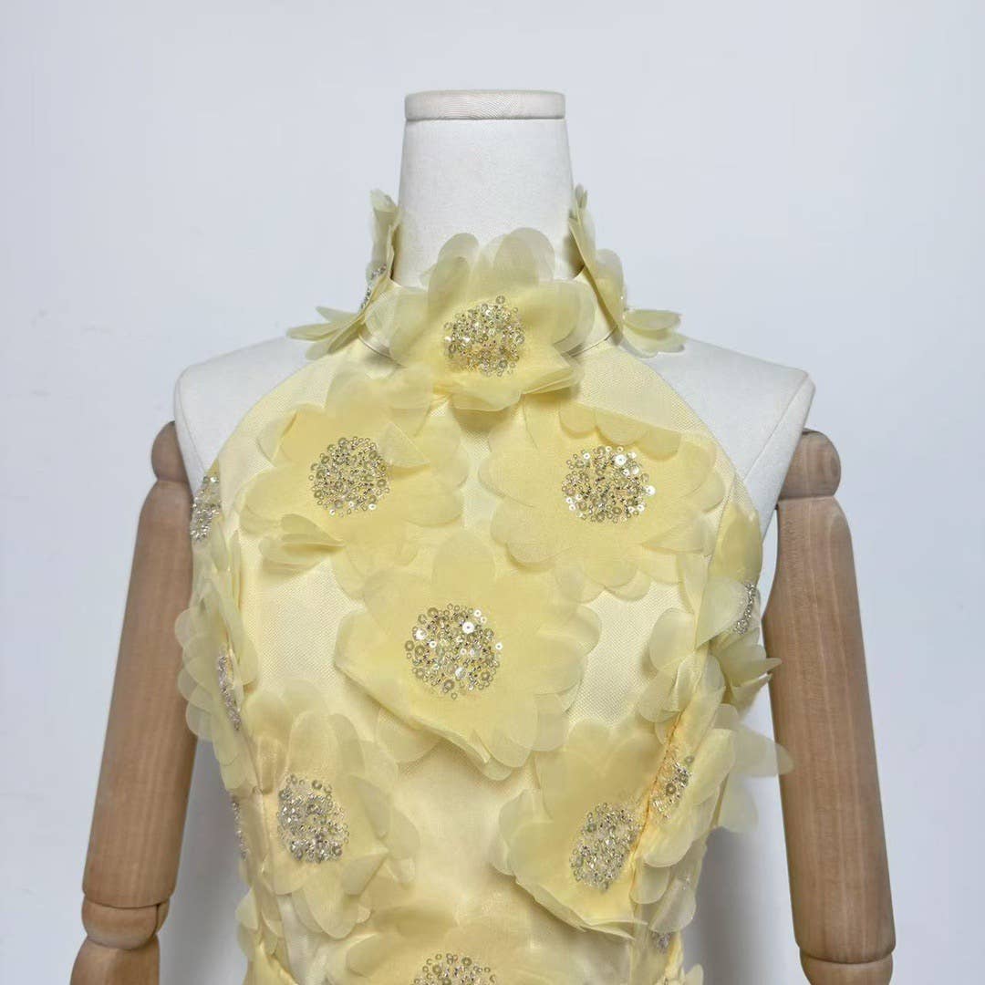 Halter Neck Sequin 3D Floral Backless Mini Dress