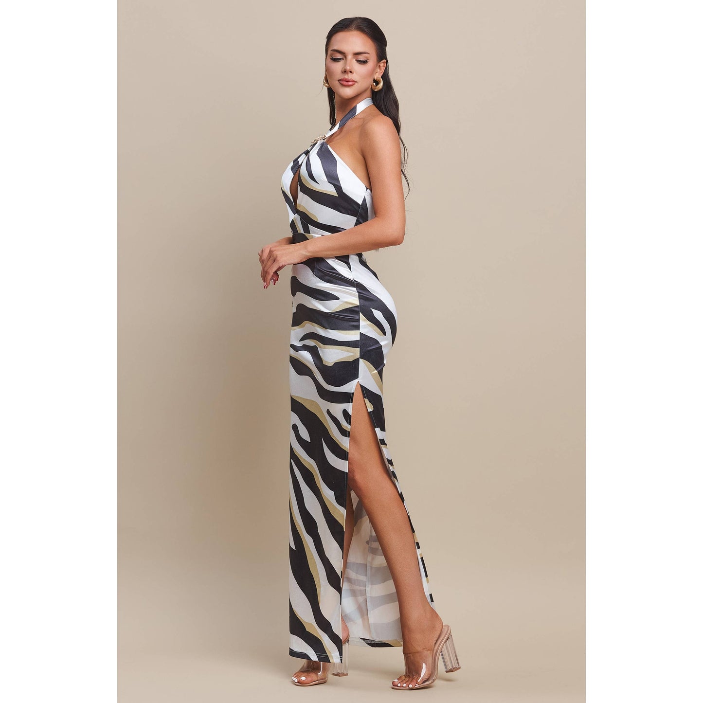 ZEBRA HALTER NECK DRESS