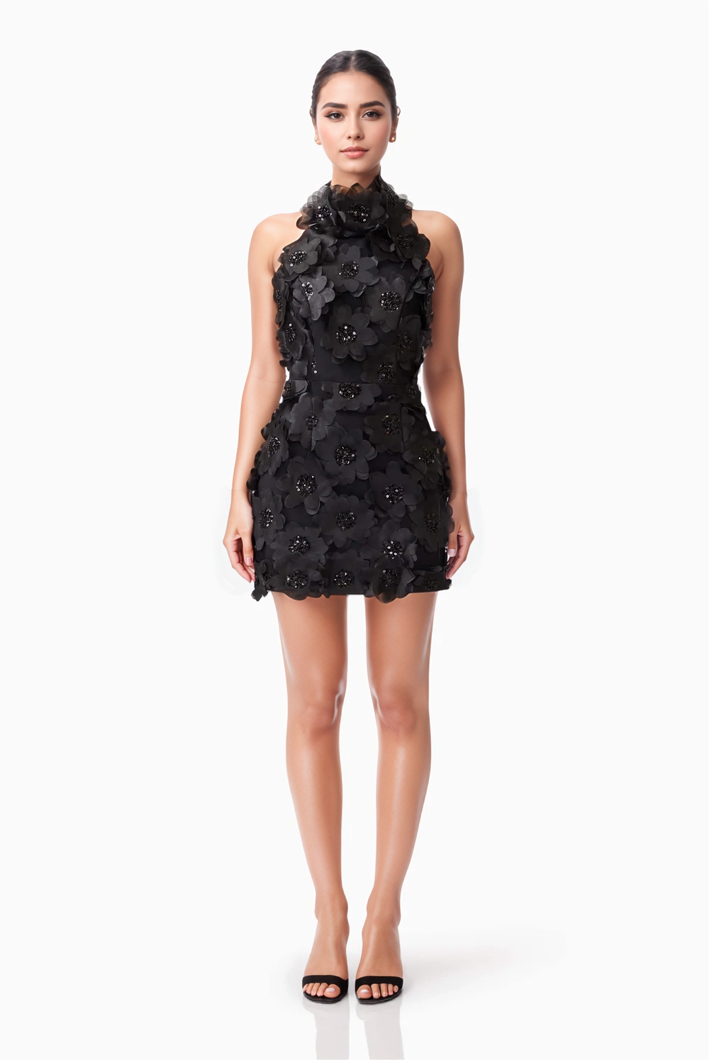 Halter Neck Sequin 3D Floral Backless Mini Dress