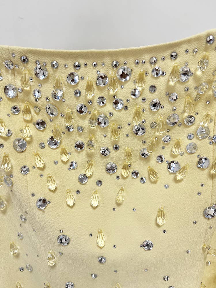 Square Neck Yellow Gown with Hand-Beaded Diamonds