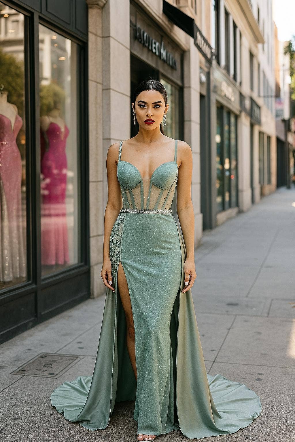 Sheer Bodice beaded Spaghetti Strap sweetheart neckline Prom dress