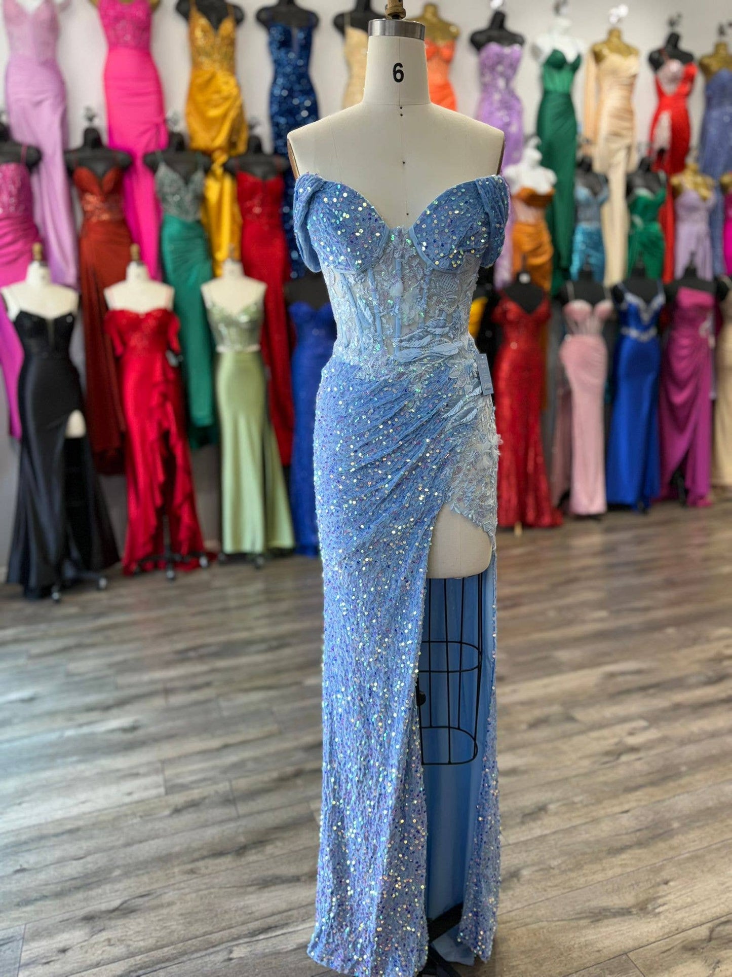 Off Shoulder sweetheart neckline, rhinestone embellished bus