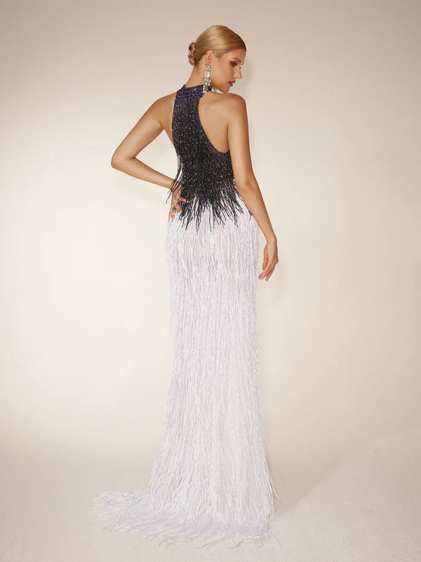 Halterneck Fringe Cutout Split Maxi Dress