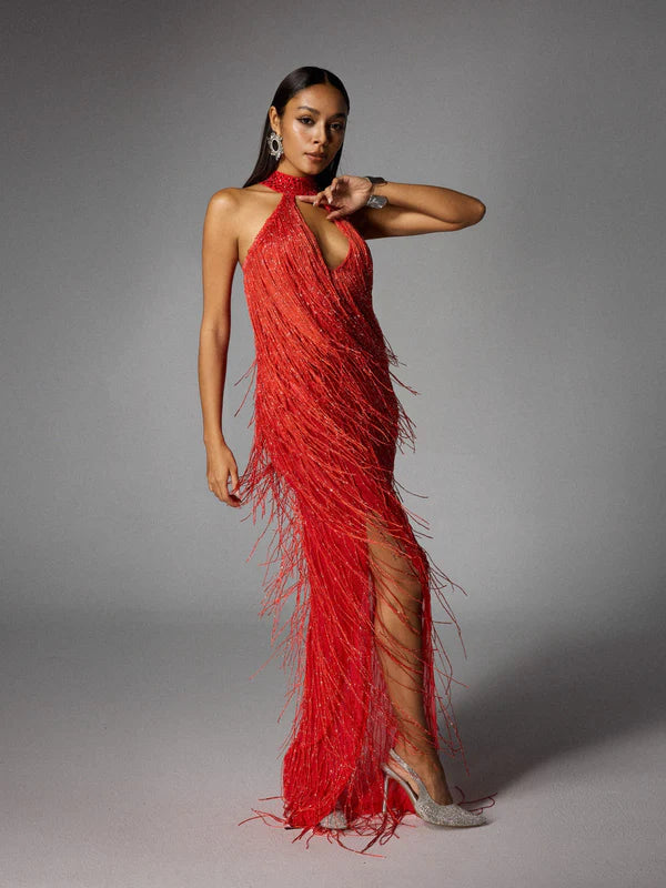 Halterneck Fringe Cutout Split Maxi Dress