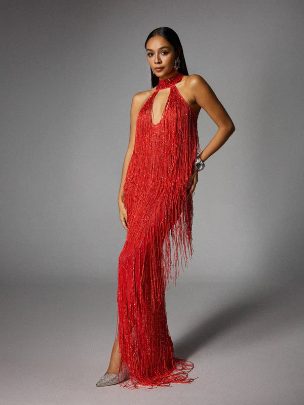 Halterneck Fringe Cutout Split Maxi Dress