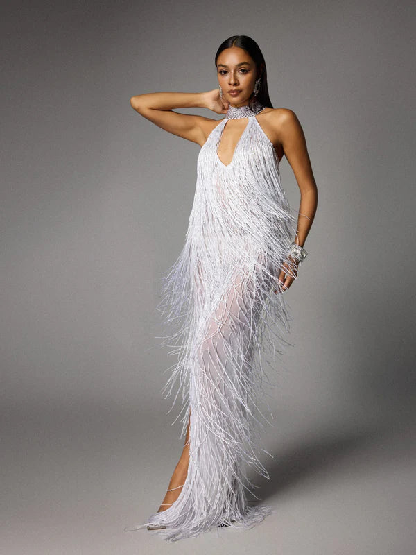 Halterneck Fringe Cutout Split Maxi Dress