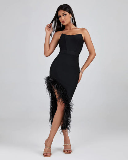 Black Strapless Feather Trim Midi Bandage Dress