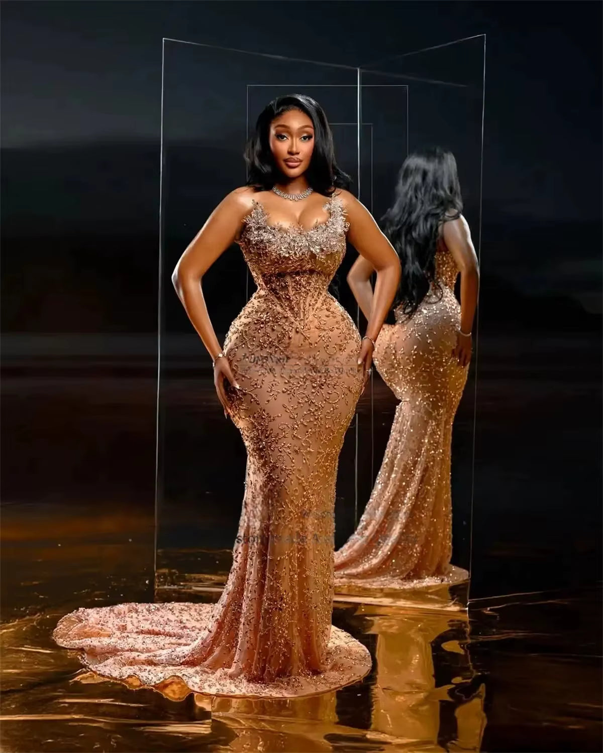 Custom Fully Beaded Champagne Long Prom Dress – BCD Fashion House Inc