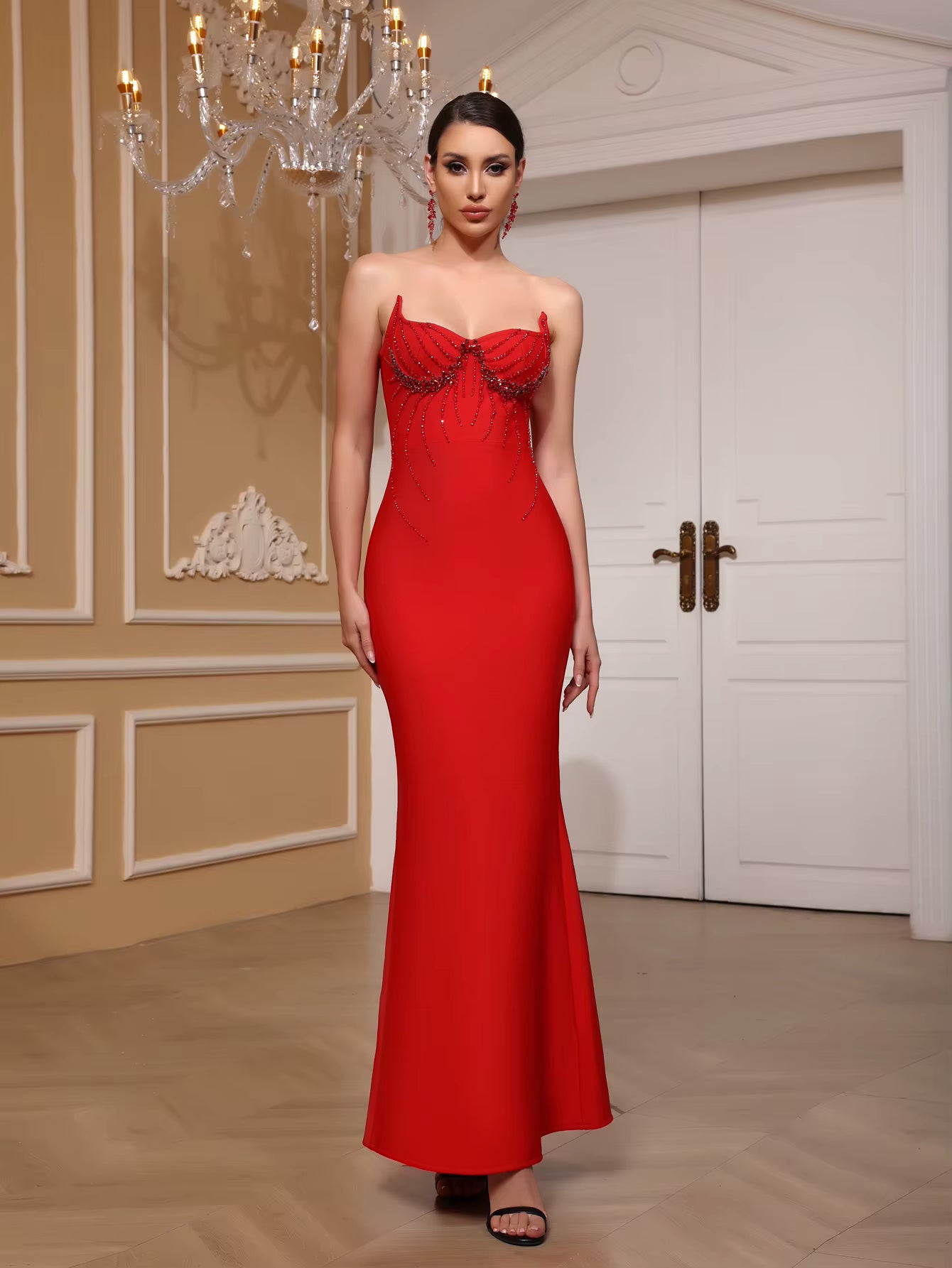 Strapless Red Beading Bodycon Bandage Dress