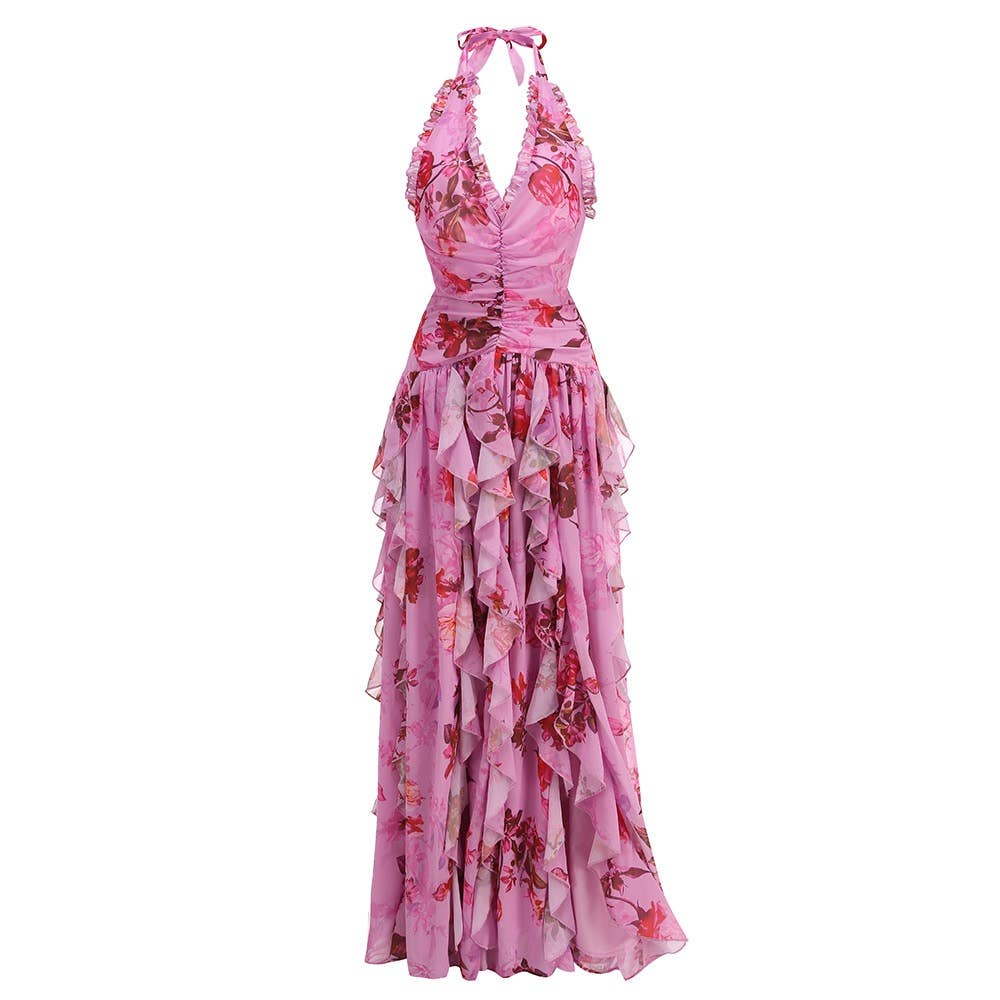 Pink Floral Ruffle Short Sleeve Dress