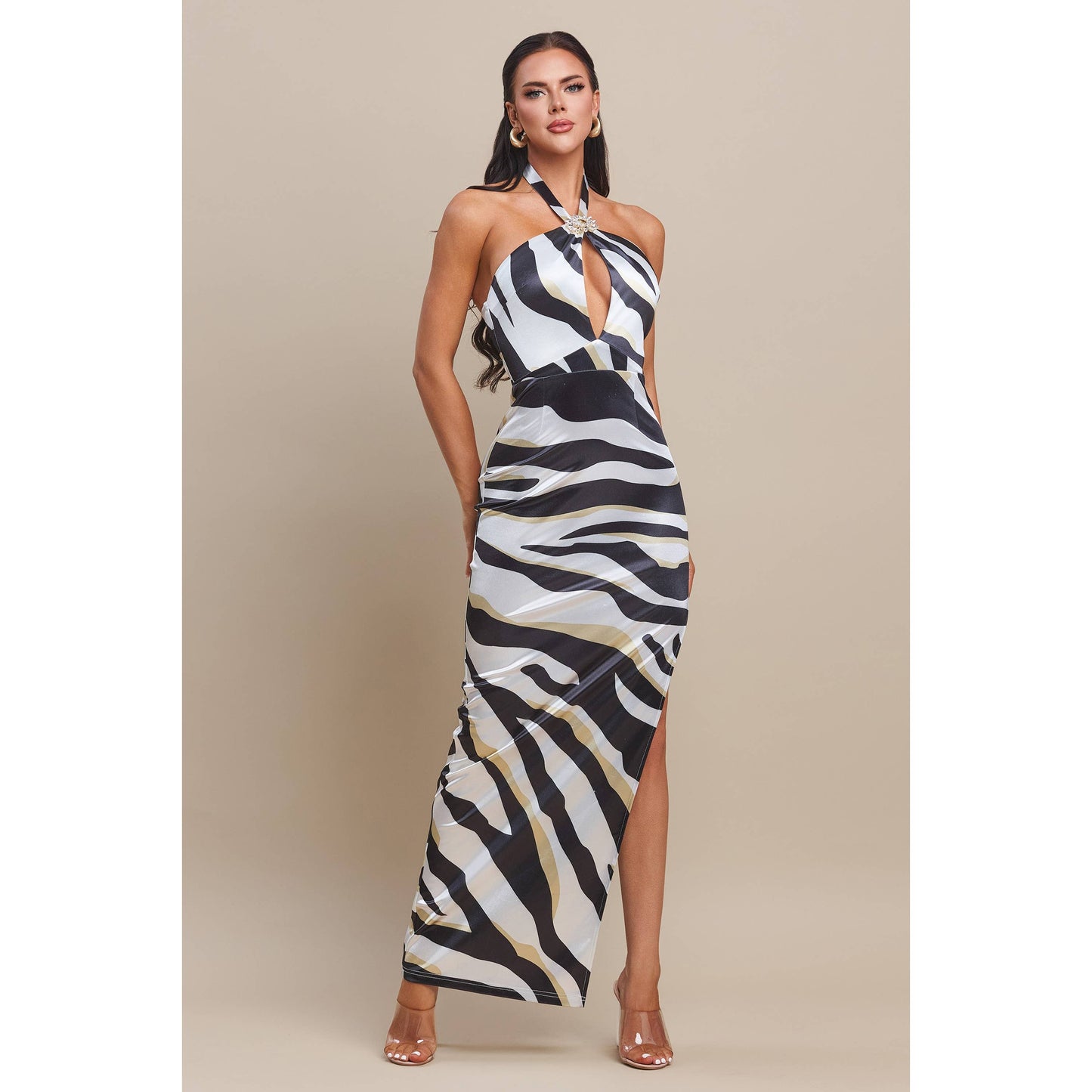 ZEBRA HALTER NECK DRESS
