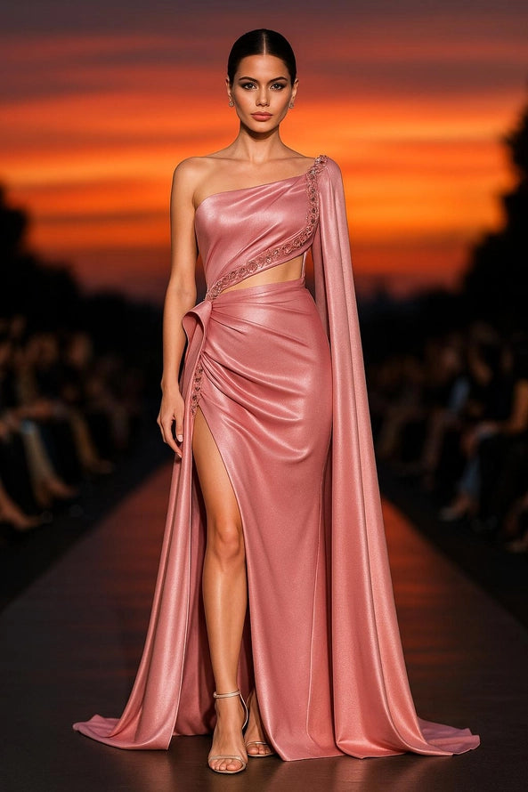One shoulder draped Sleeve high slit evening dress