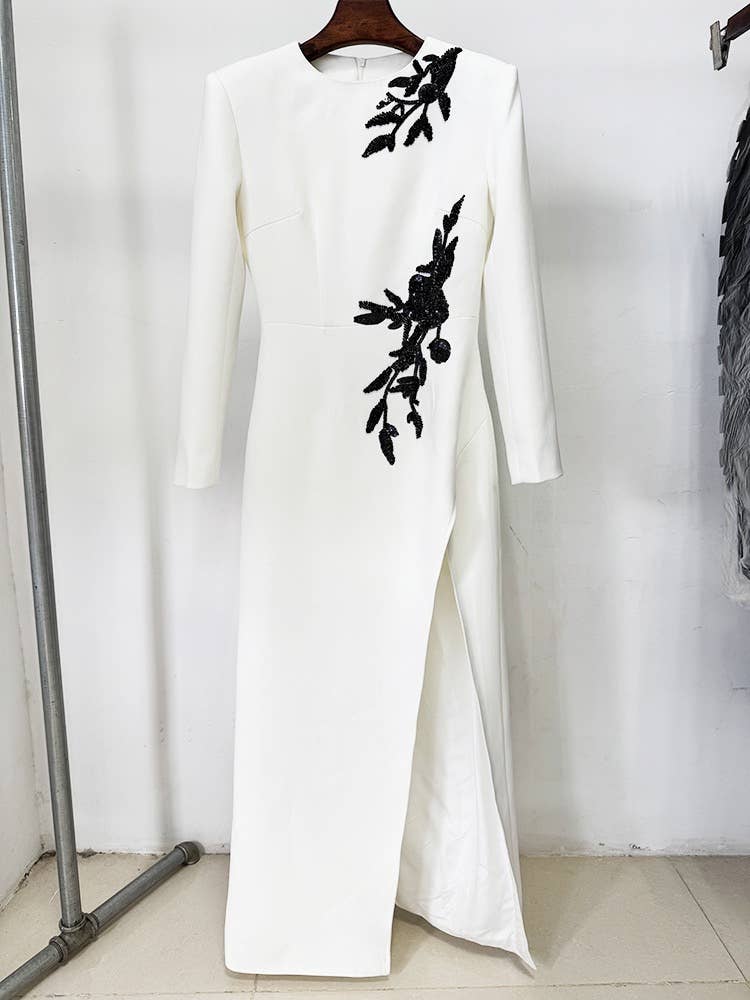 Embroidered Floral Slit Dress with Sheer Elegance