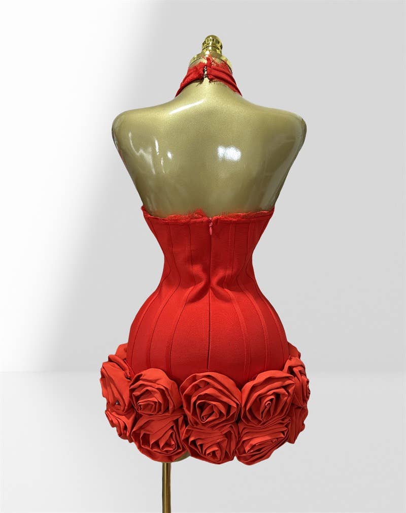 Elegant Red Halter Neck Lace Flower Bandage Dress