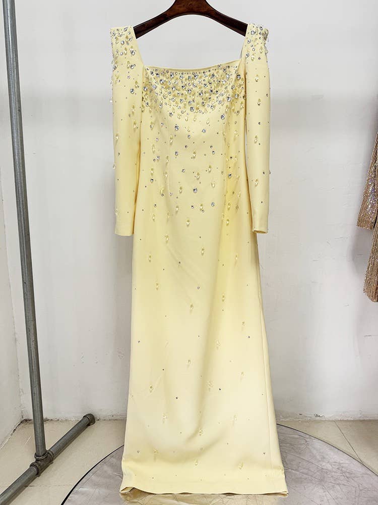 Square Neck Yellow Gown with Hand-Beaded Diamonds