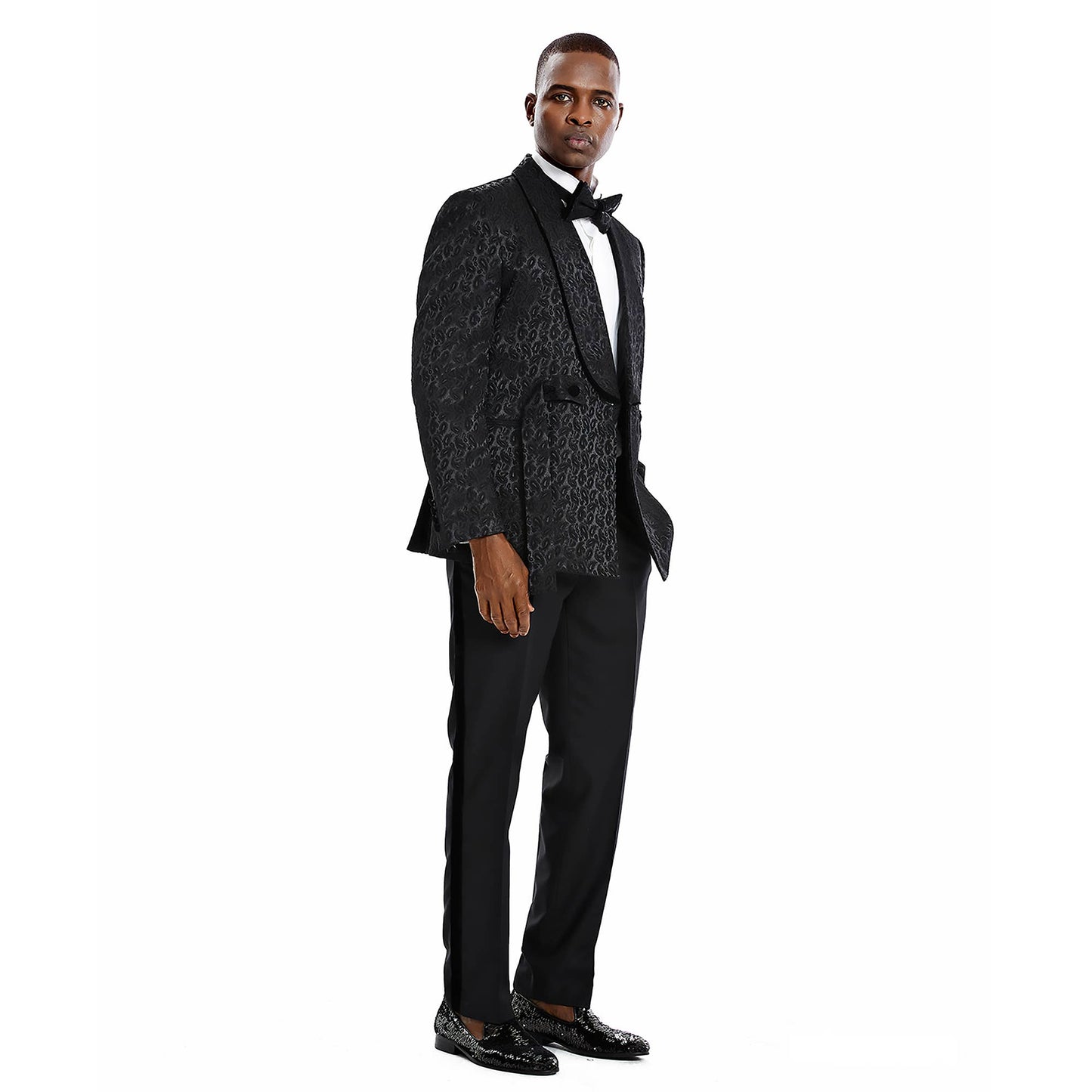 Tazzio 2pc Textured Paisley Double-Breasted Suit, Black