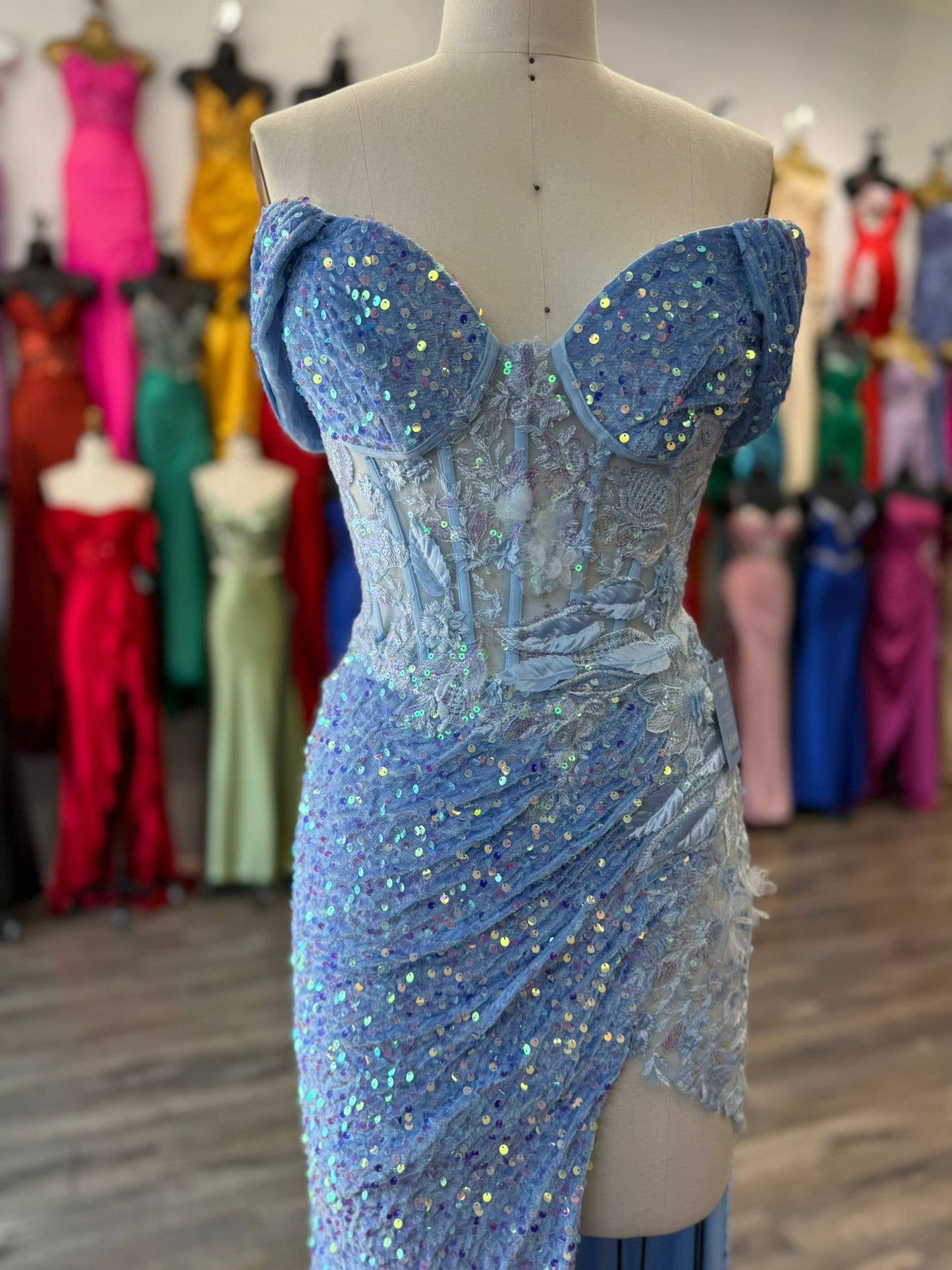 Off Shoulder sweetheart neckline, rhinestone embellished bus