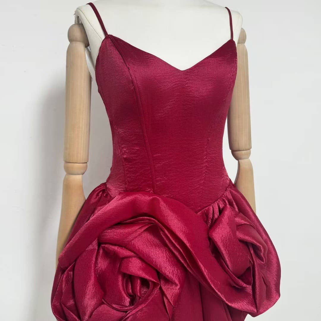 Burgundy Floral Tutu Dress with Sculpted Waistline