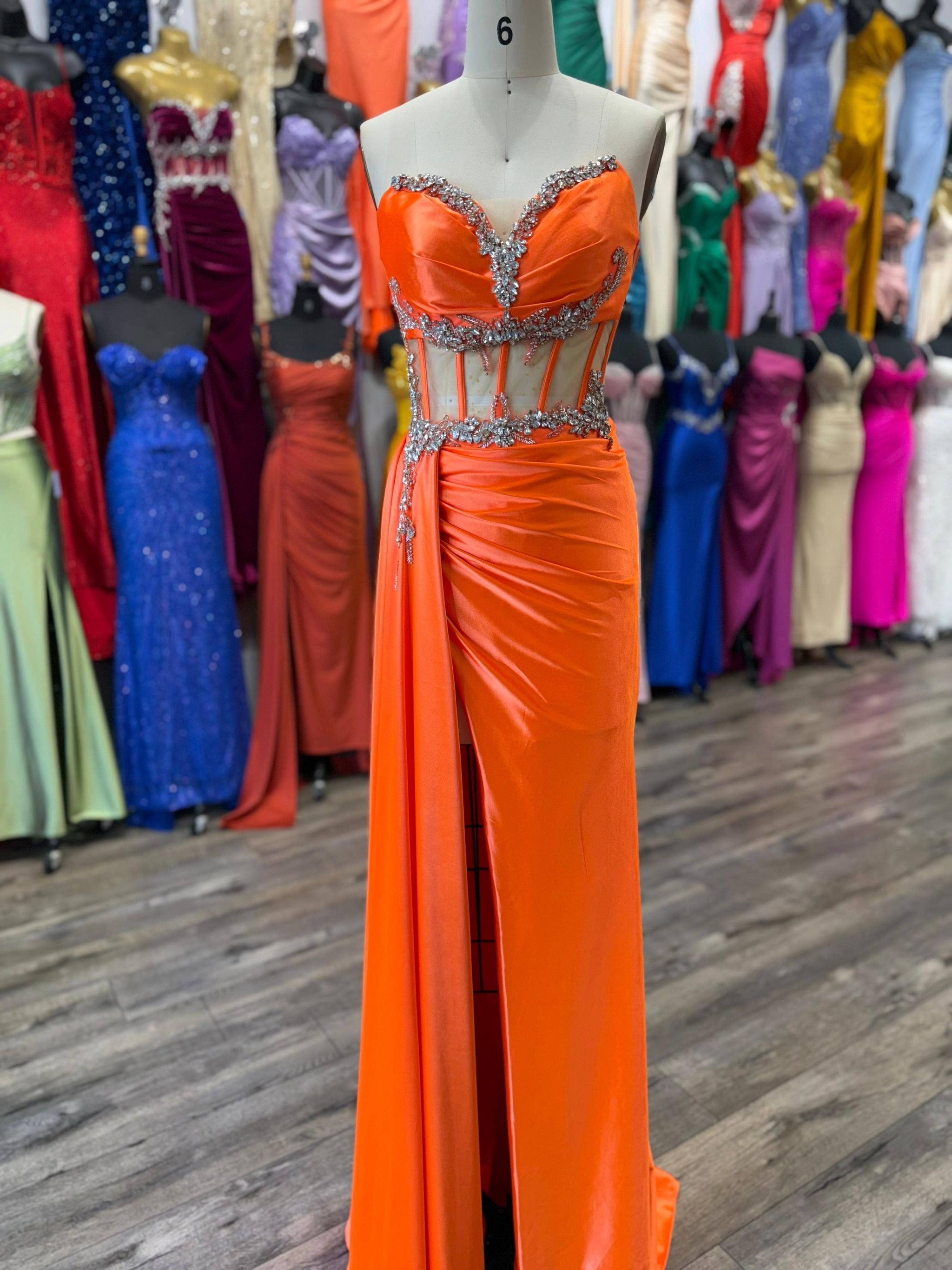 FOR FITTED BEADED HIGH SLIT SATIN DRESS