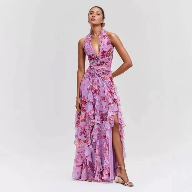 Pink Floral Ruffle Short Sleeve Dress