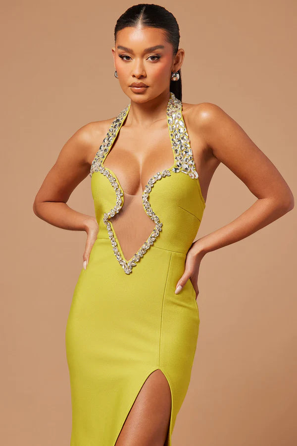 Yellow Beaded Halter Side Slit Bandage Dress
