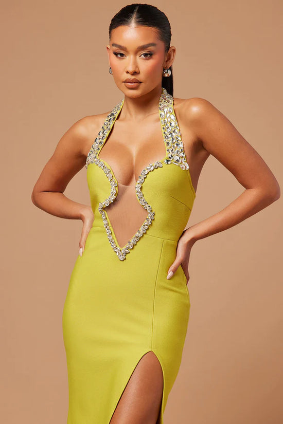 Yellow Beaded Halter Side Slit Bandage Dress