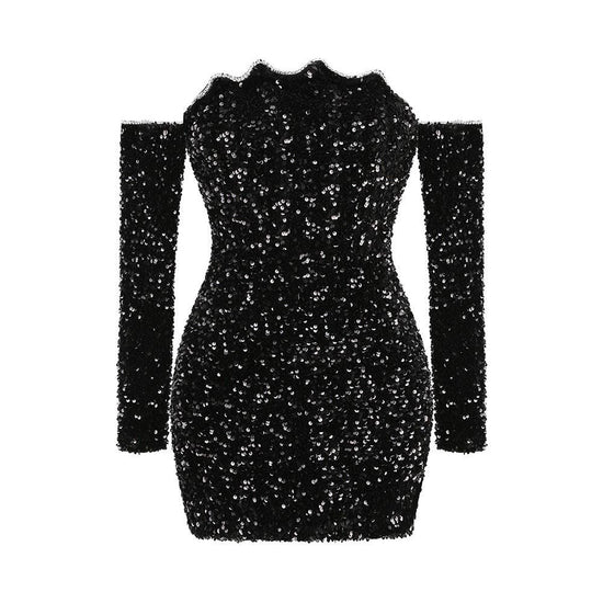 Sparkling Sequin One-Shoulder Long Sleeve Party Dress
