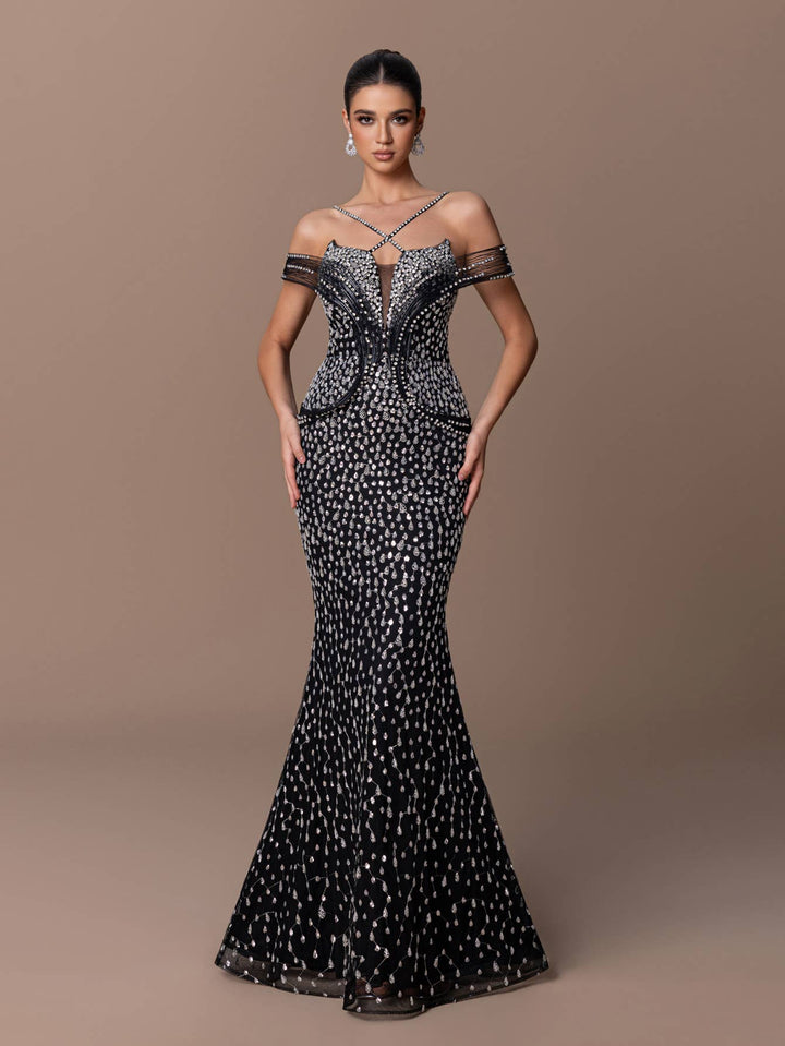 Black beaded cross spaghetti strap dress