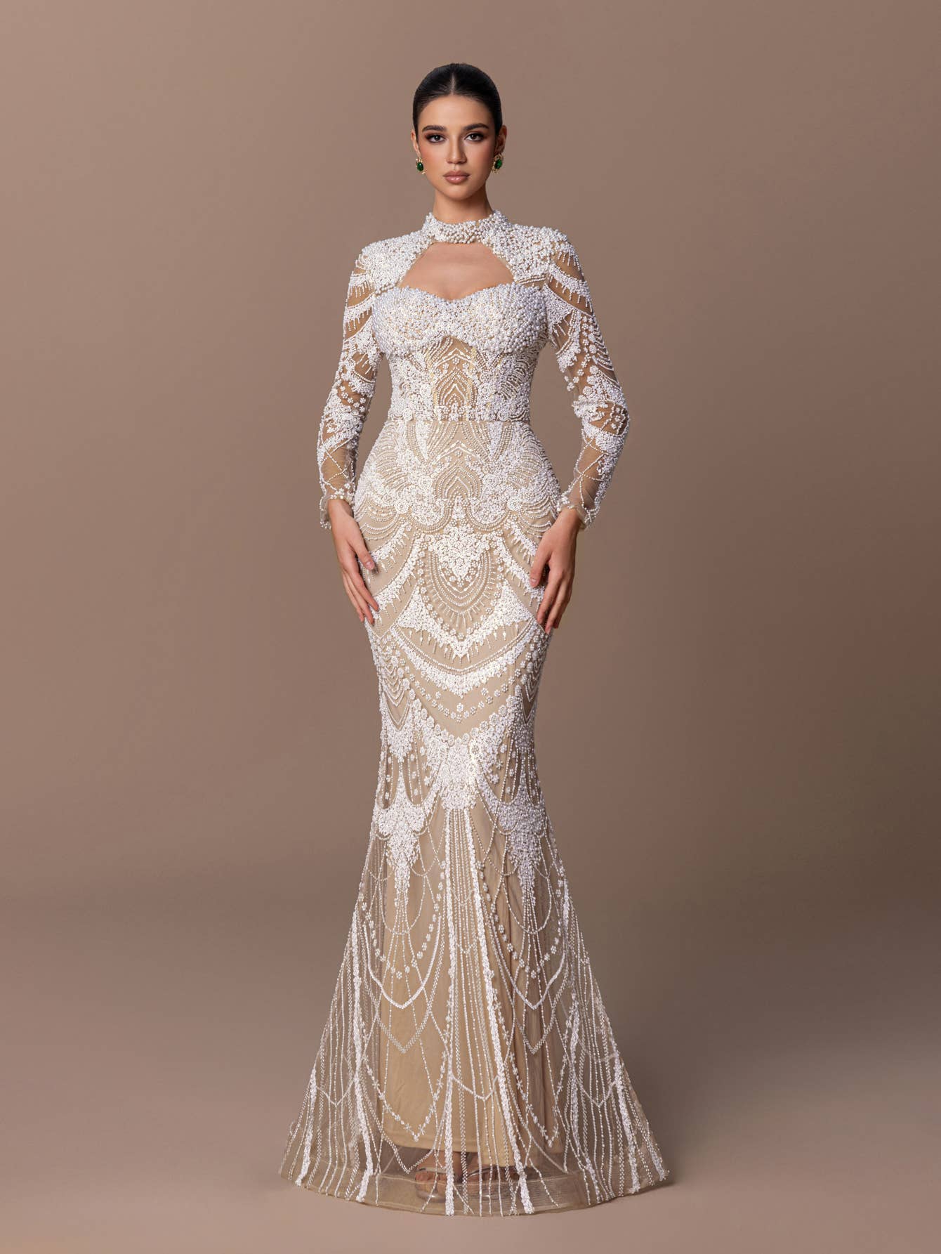 Blue Long Sleeved High Neck Beaded Dress