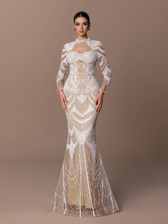 Blue Long Sleeved High Neck Beaded Dress