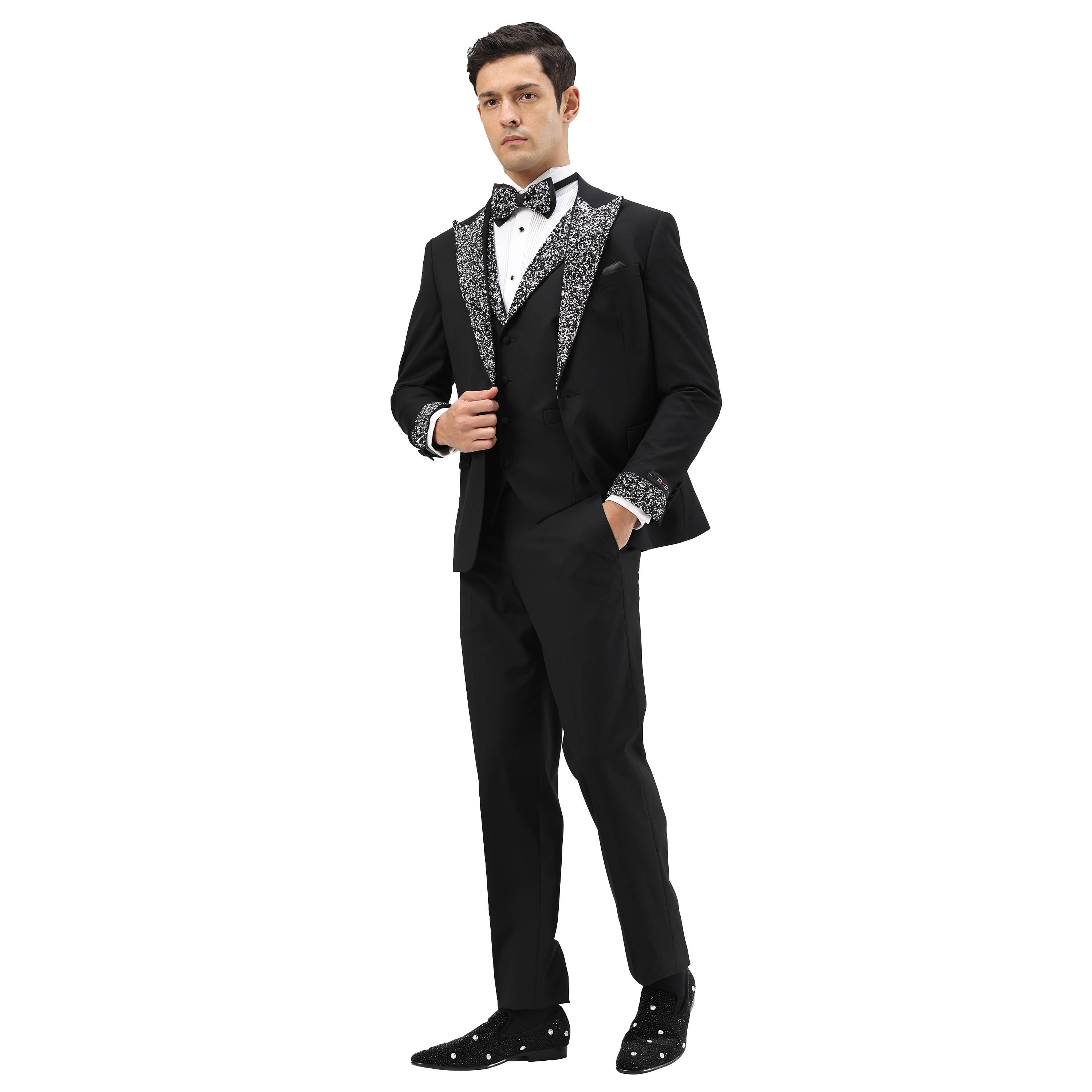 Men's Skinny 3pc Tuxedo w Stone-Studded Peak Lapel, Black