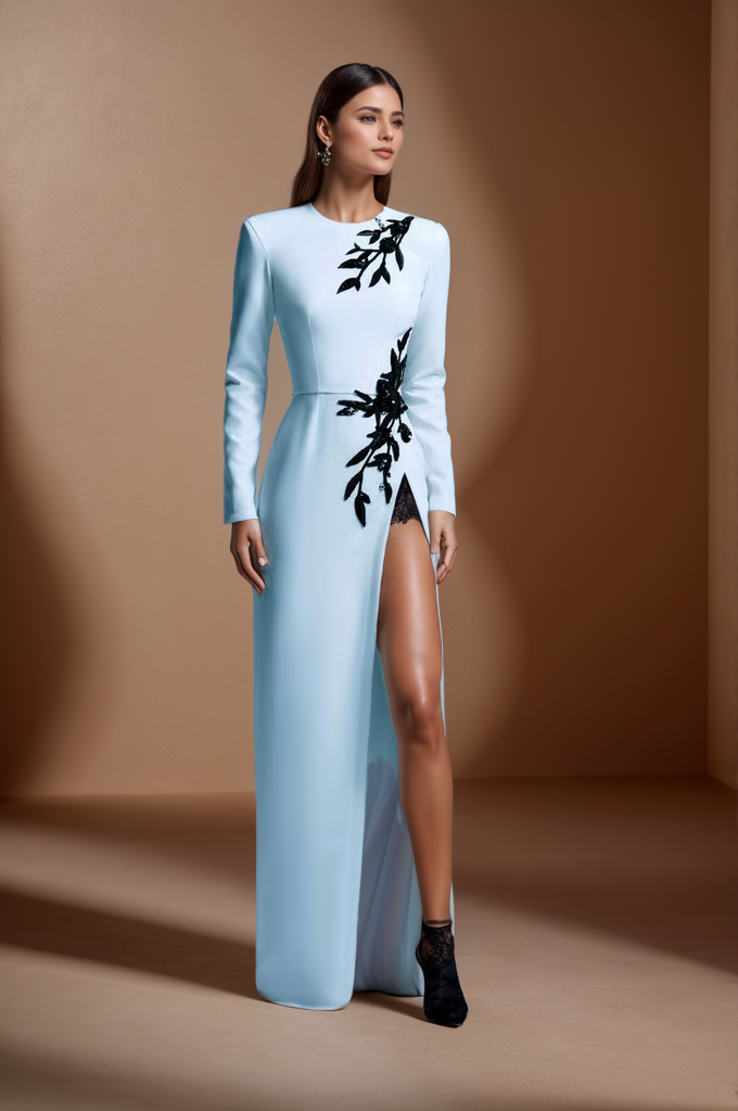 Embroidered Floral Slit Dress with Sheer Elegance