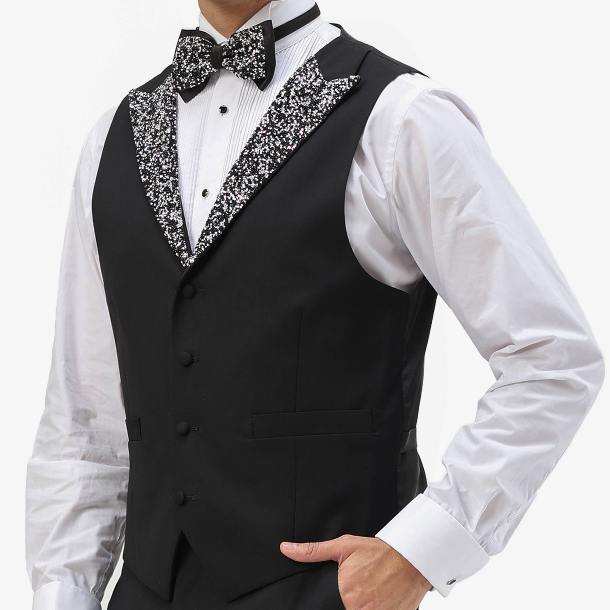 Men's Skinny 3pc Tuxedo w Stone-Studded Peak Lapel, Black