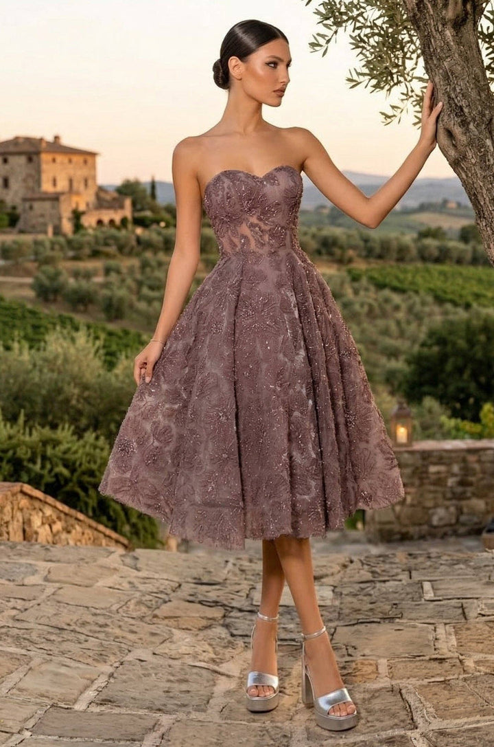 Strapless Formal A Line Floral Lace Midi Cocktail Dress
