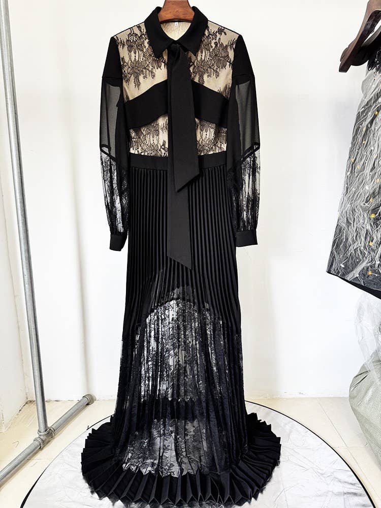 Spring & Summer Pleated Lace Splicing Long Dress