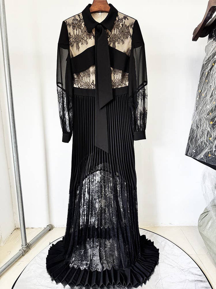 Spring & Summer Pleated Lace Splicing Long Dress