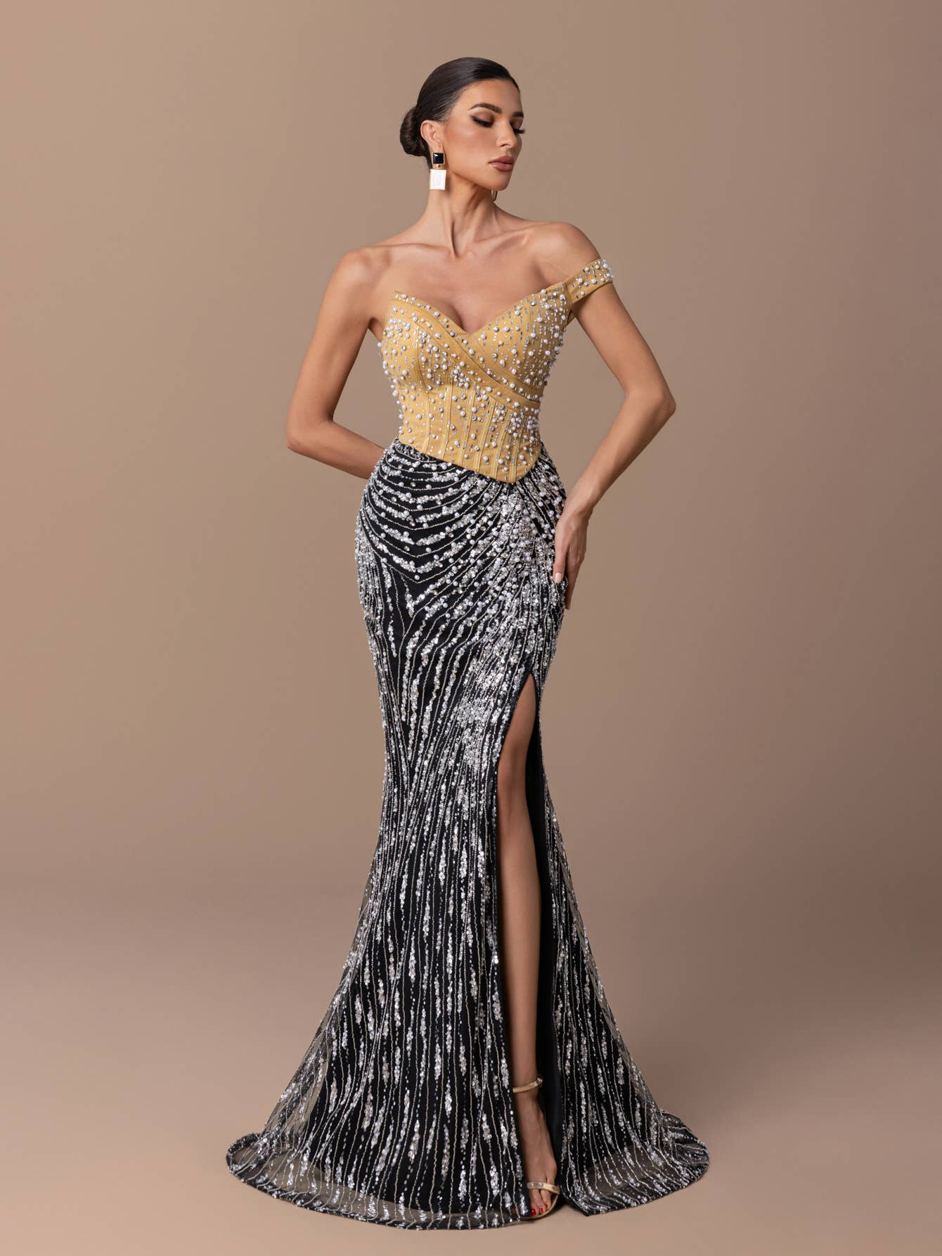 Two Color One Drop Shoulder beaded Dress