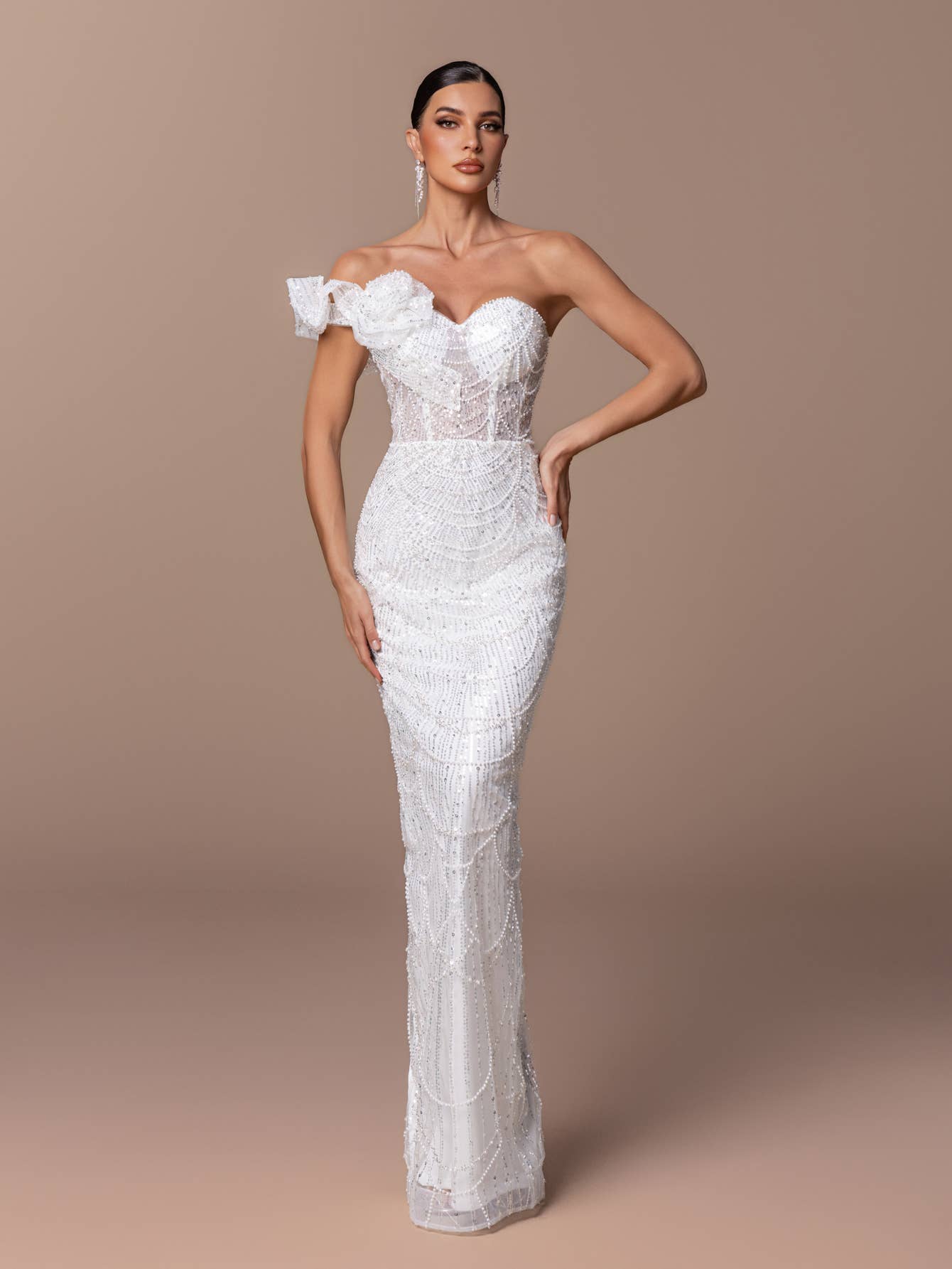 White Flower One Shoulder Sequin Dress