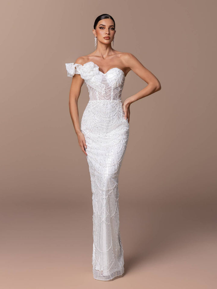 White Flower One Shoulder Sequin Dress