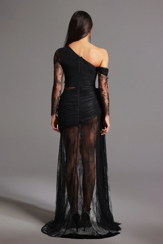 Sexy Black Lace Illusion Asymmetrical Long Evening Dress