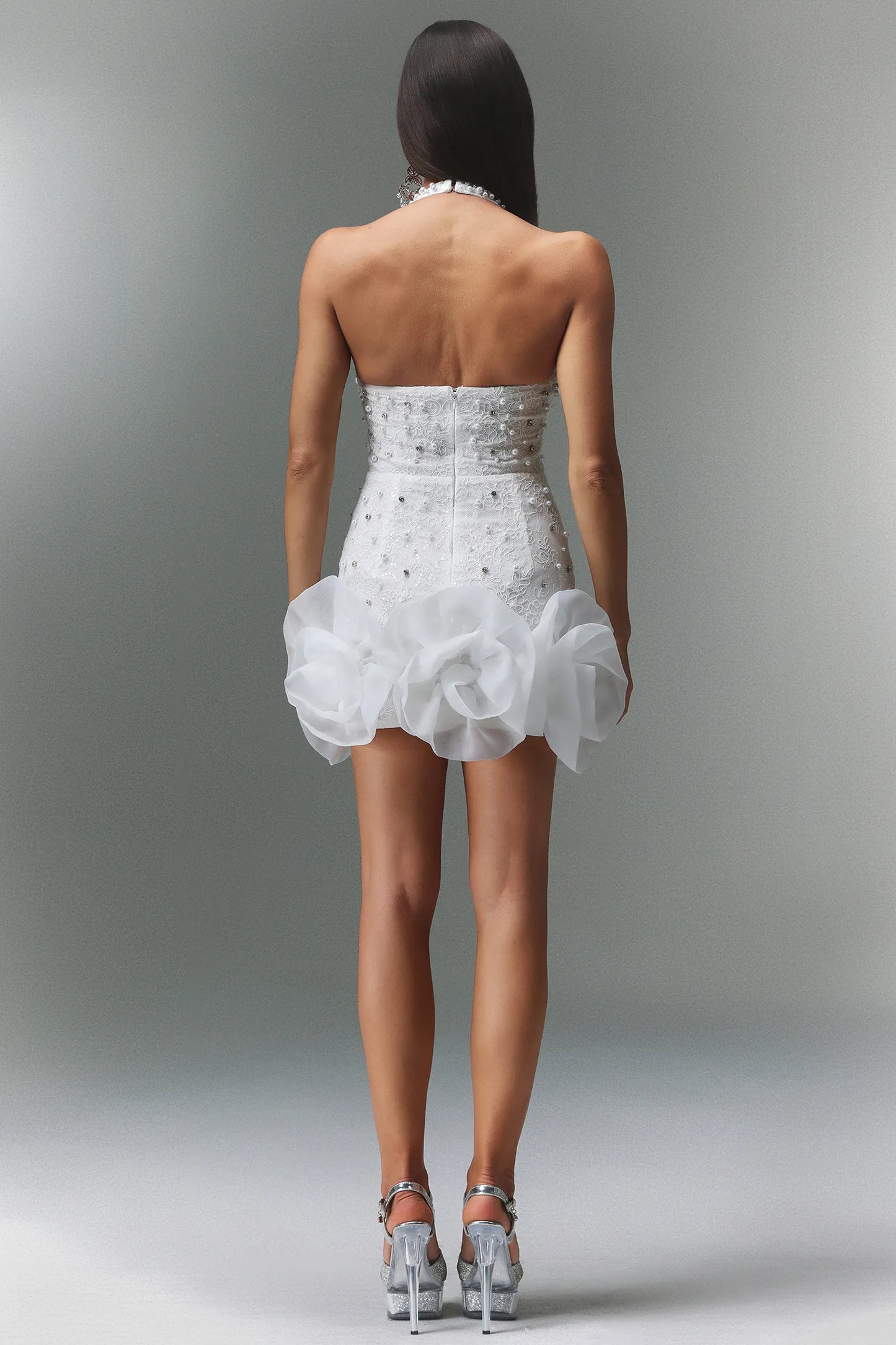 Sleeveless V-neck Diamond and pearl Flowers Mini Dress
